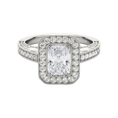GIA Certified 2 Carat Radiant Halo Engraved Openwork Diamond Ring