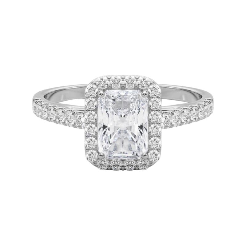GIA Certified 2 Carat Radiant Halo Pave 18K White Gold Diamond Ring (bague à diamant en or blanc 18K)