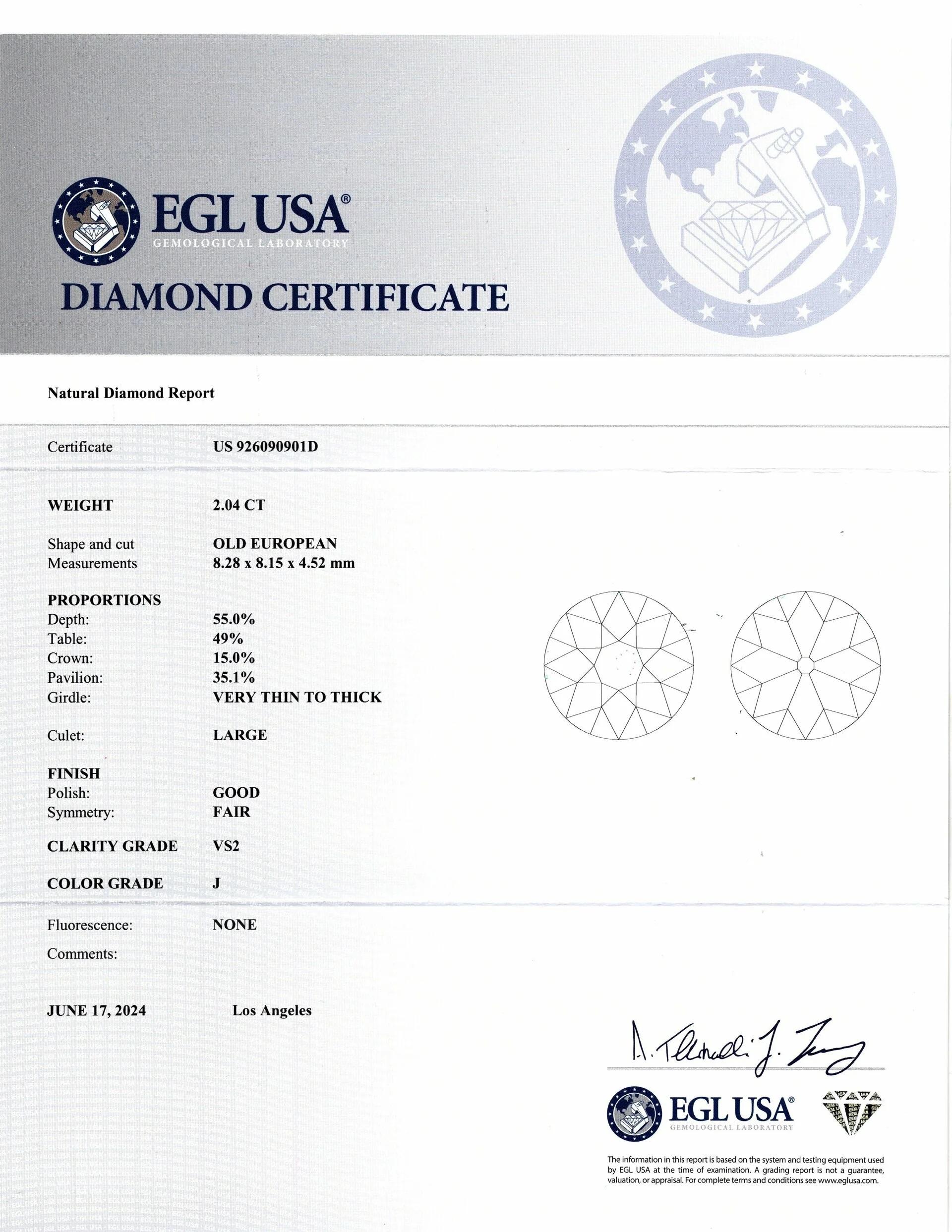 GIA Certified 2 Carat Round Brilliant Cut Diamond Engagement Old Cut Unisexe en vente