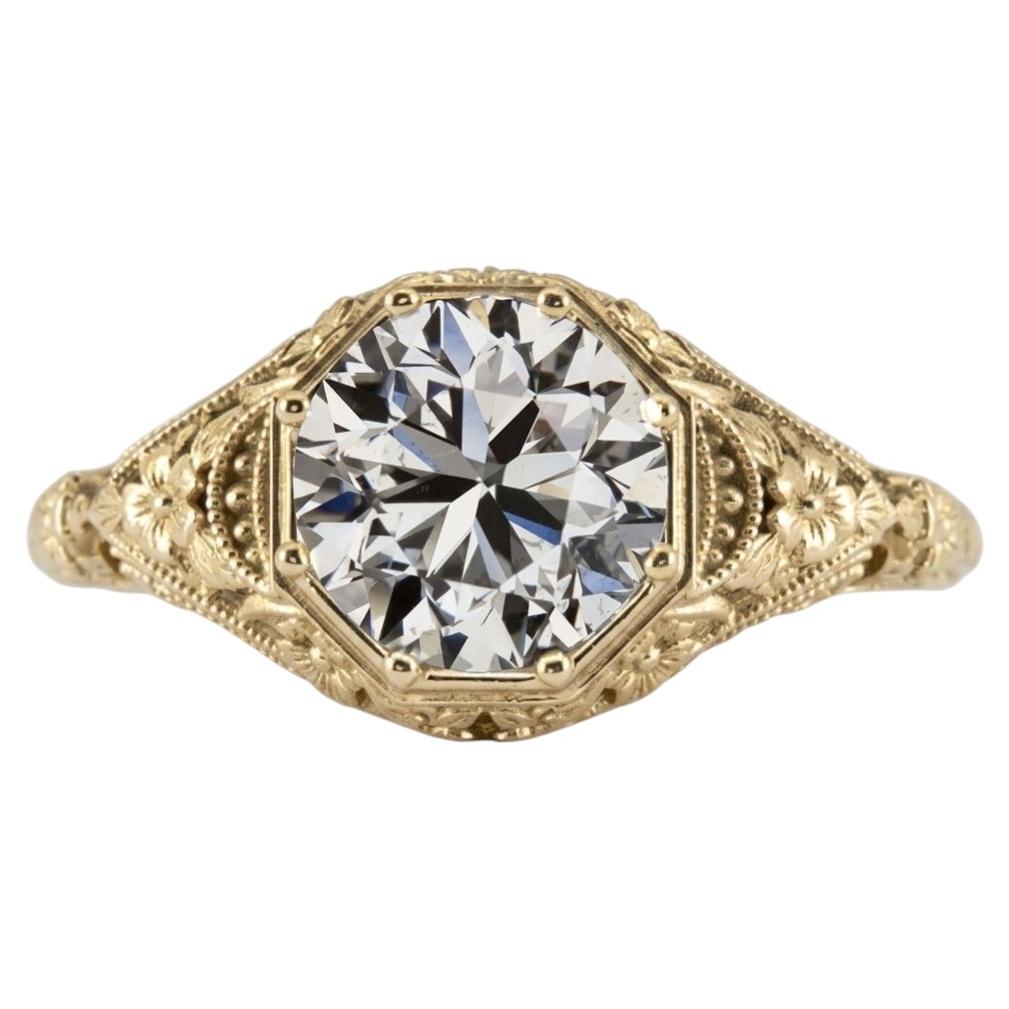 GIA Certified 2 Carat Round Brilliant Diamond Filigree Engagement Ring