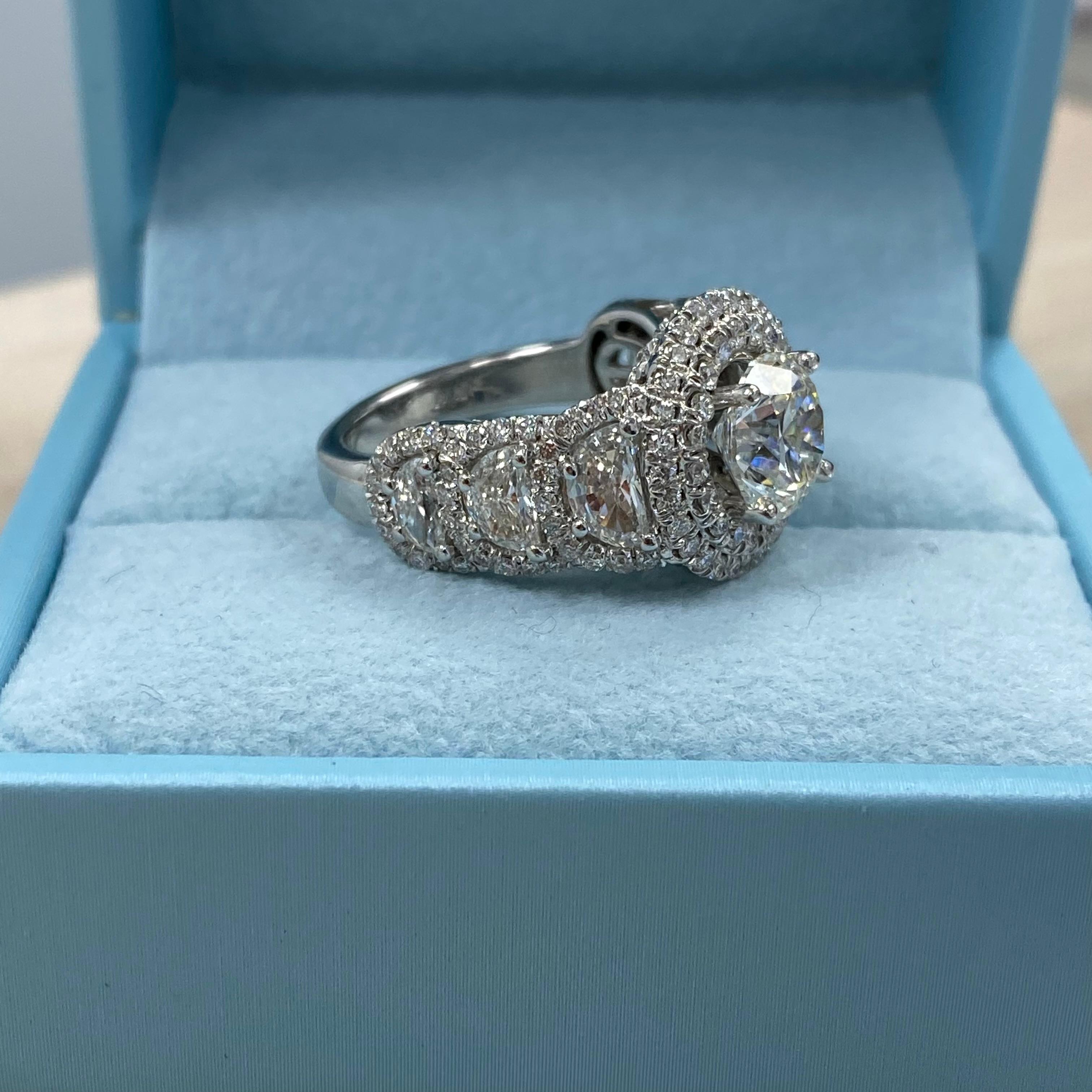 GIA Certified 2 Carat Round Diamond Halo Engagement Ring Half Moon Side Diamonds For Sale 4