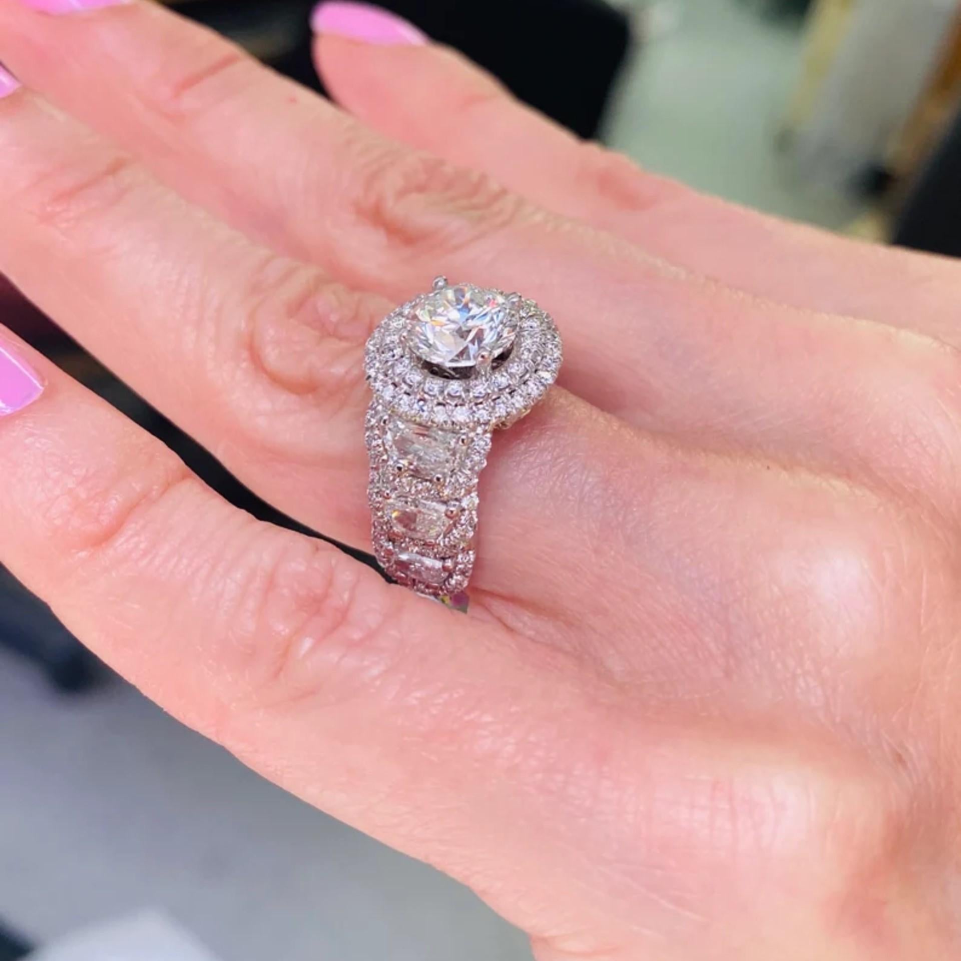 GIA Certified 2 Carat Round Diamond Halo Engagement Ring Half Moon Side Diamonds In New Condition For Sale In New York, NY