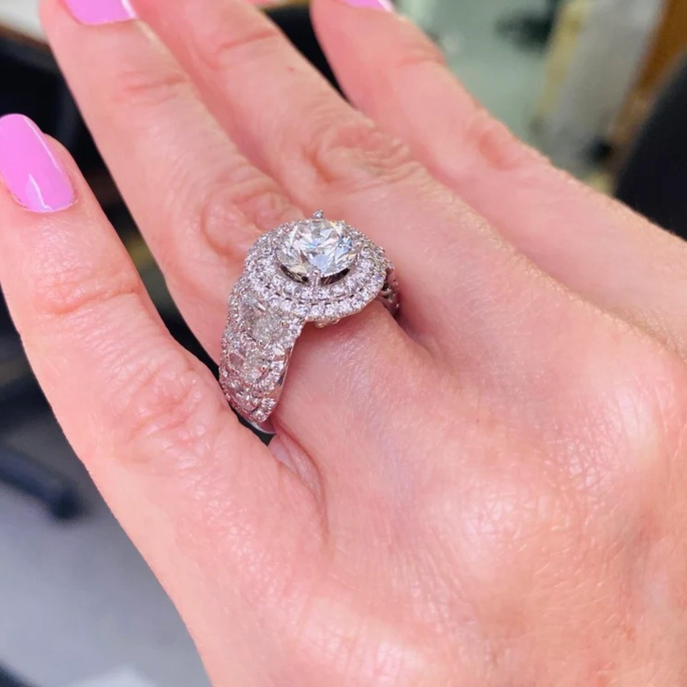 Women's GIA Certified 2 Carat Round Diamond Halo Engagement Ring Half Moon Side Diamonds For Sale