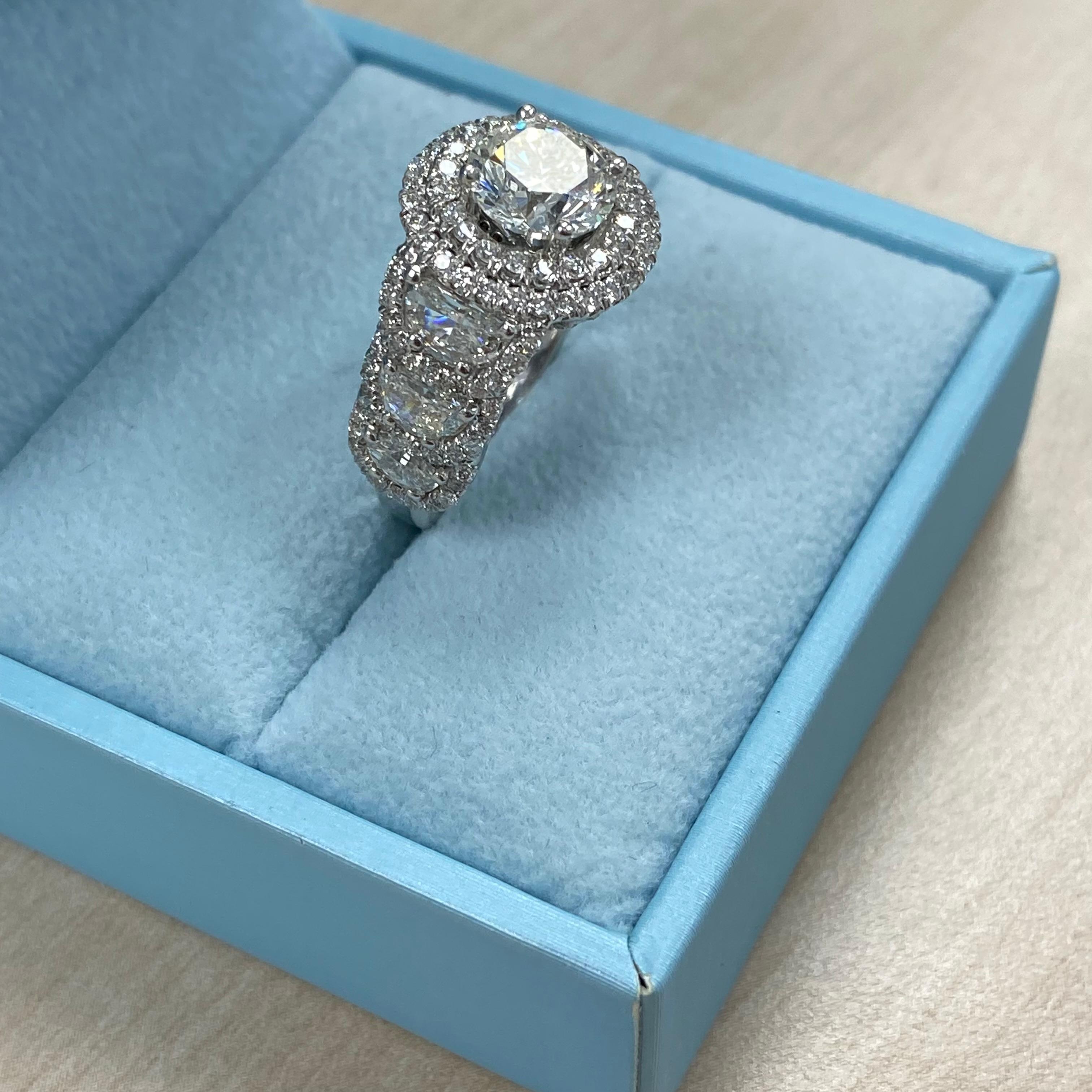 GIA Certified 2 Carat Round Diamond Halo Engagement Ring Half Moon Side Diamonds For Sale 1