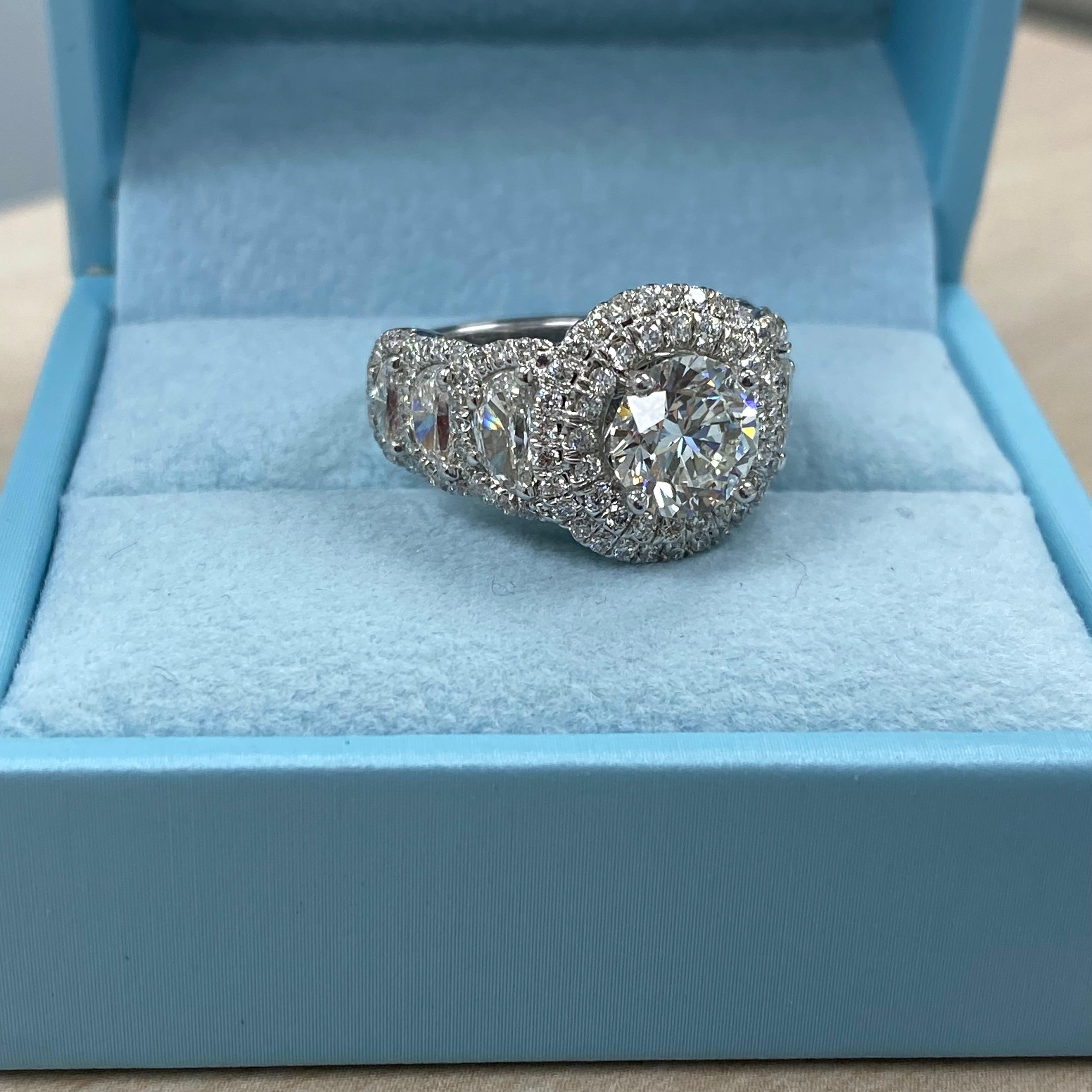 GIA Certified 2 Carat Round Diamond Halo Engagement Ring Half Moon Side Diamonds For Sale 2