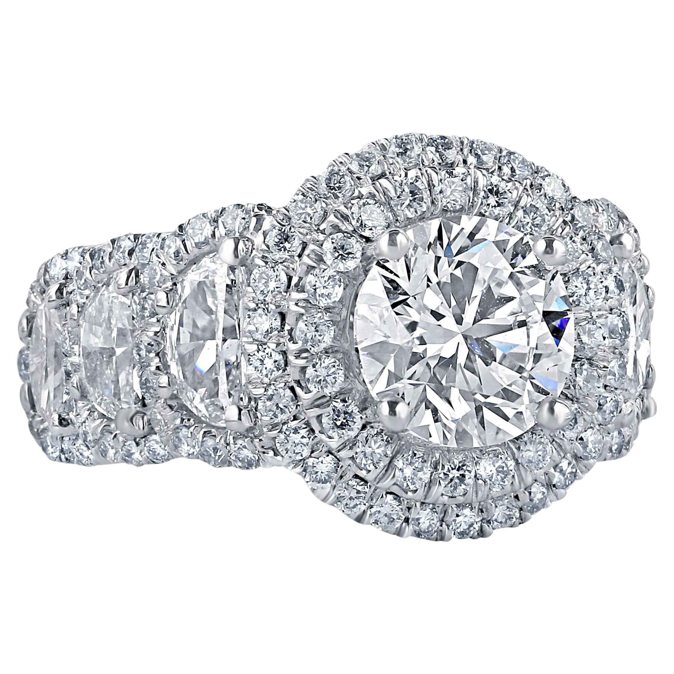 GIA Certified 2 Carat Round Diamond Halo Engagement Ring Half Moon Side Diamonds