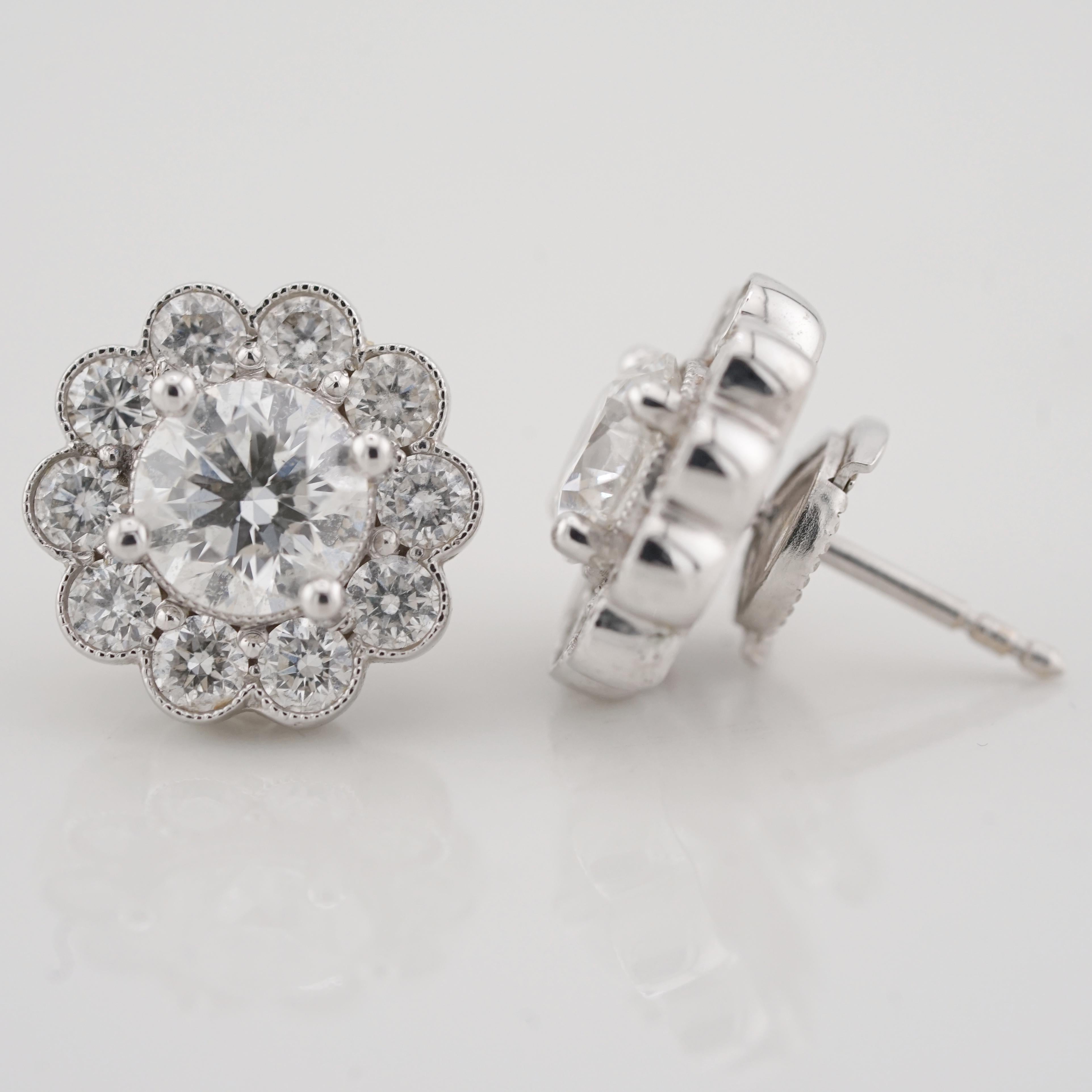 Contemporary GIA Certified 2 Carat Scalloped Halo 18K White Gold Earrings Studs For Sale