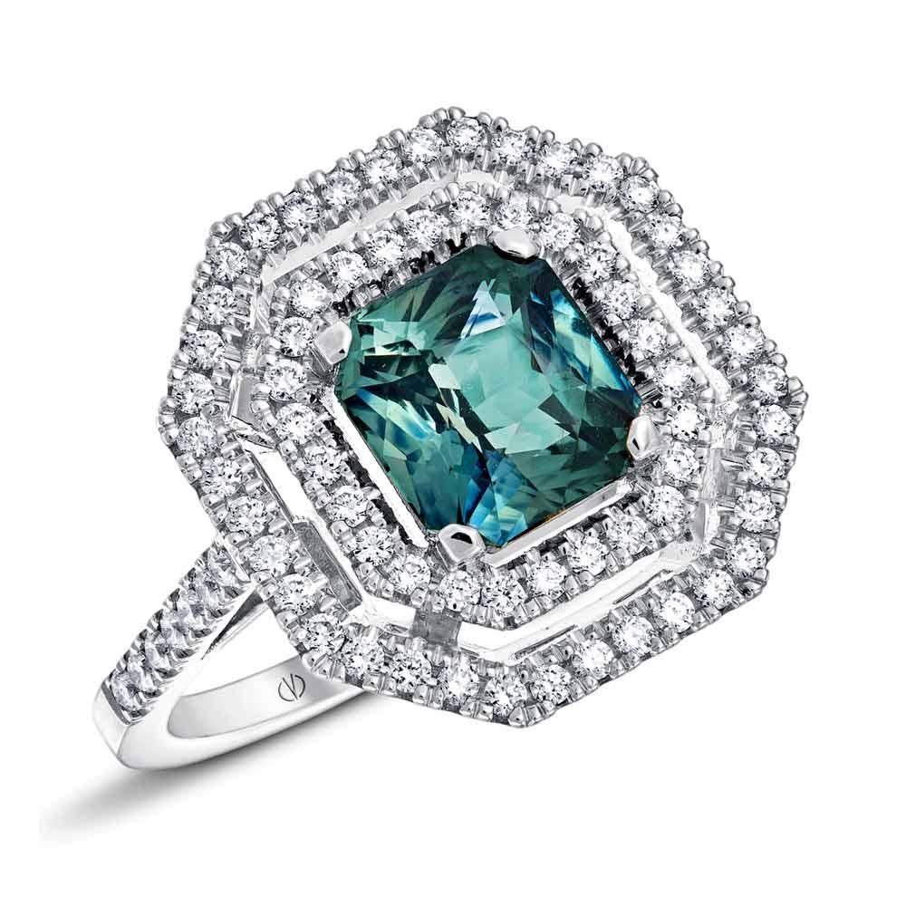 Art Deco GIA Certified 2 Carat Teal Sapphire White gold 18K Art Déco Ring For Sale
