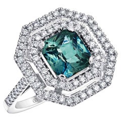 Anillo Art Déco de oro blanco de 18 quilates con zafiro verde azulado de 2 quilates certificado por GIA
