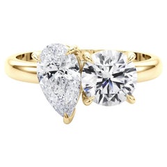 GIA Certified 2 carat total Round 
Pear Toi et Moi Diamond Ring -18K Gold