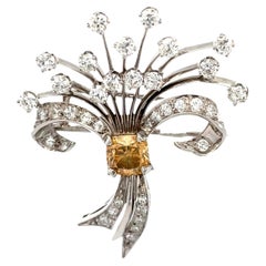 GIA Certified 2 Carat Weight Diamond Floral Pin Brooch in Platinum