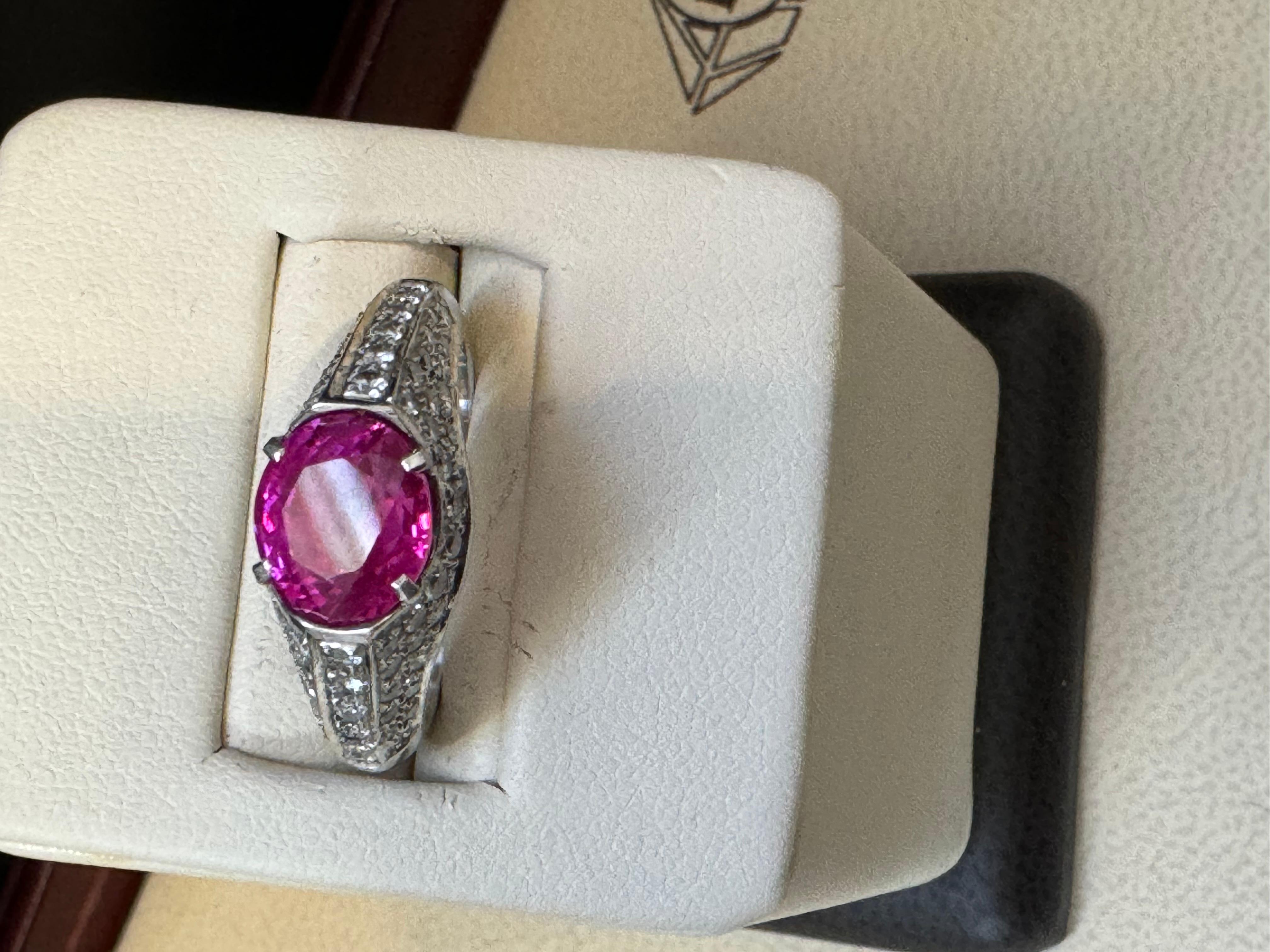 GIA Certified 2 Ct Natural Pink Sapphire & 2 Ct Pave Diamond Ring in Platinum For Sale 6