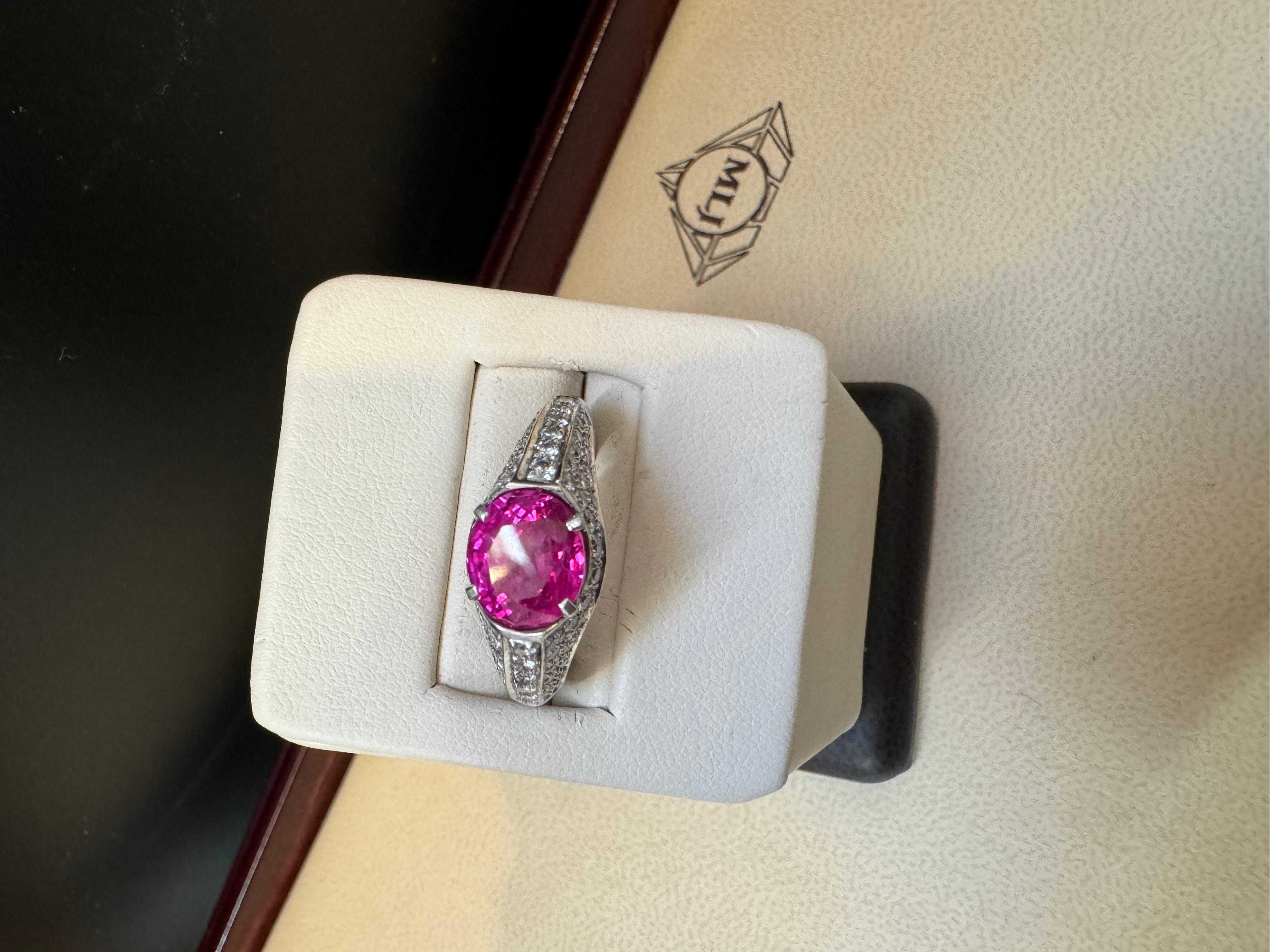 GIA Certified 2 Ct Natural Pink Sapphire & 2 Ct Pave Diamond Ring in Platinum For Sale 7