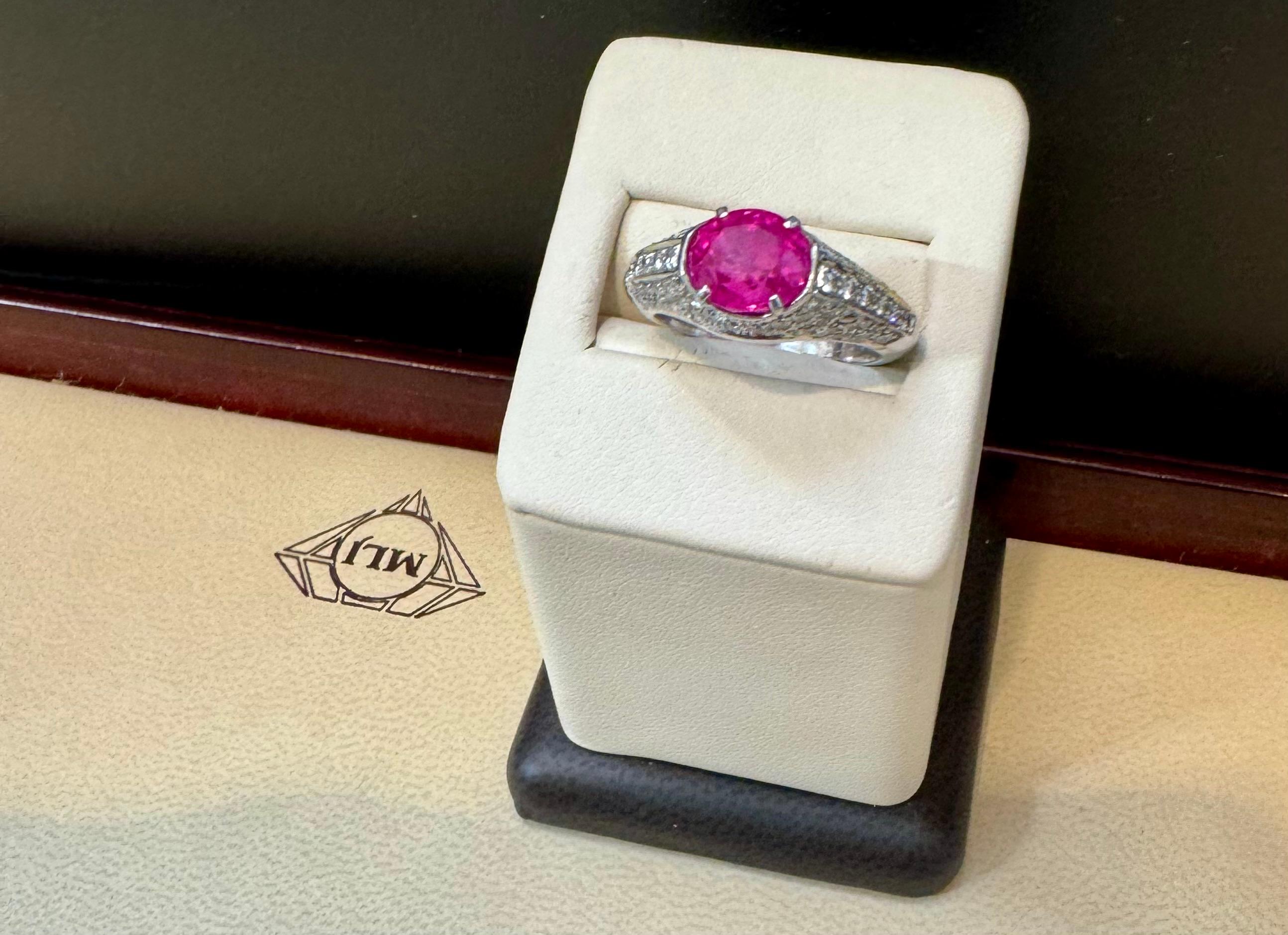 Round Cut GIA Certified 2 Ct Natural Pink Sapphire & 2 Ct Pave Diamond Ring in Platinum For Sale