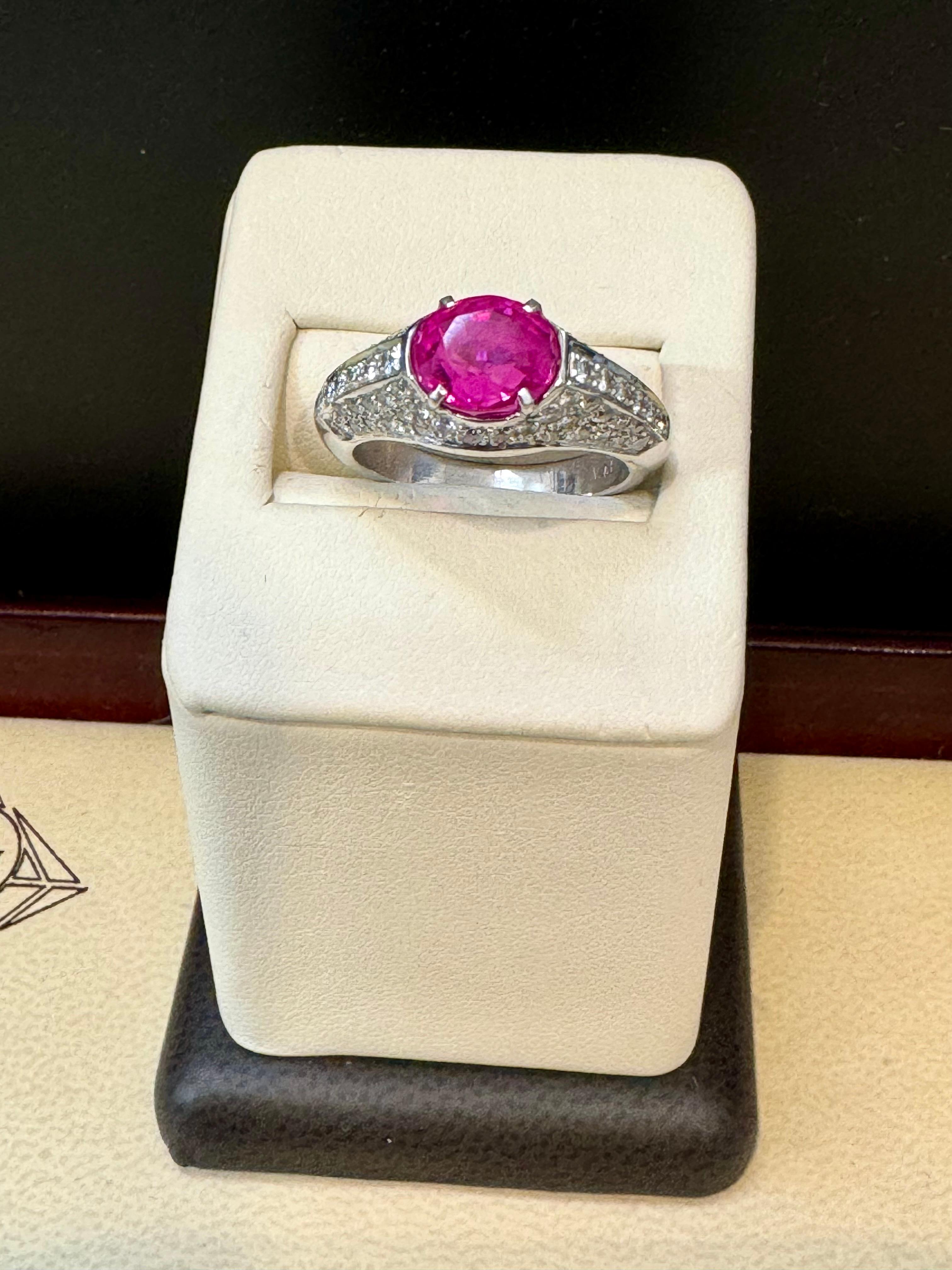 GIA Certified 2 Ct Natural Pink Sapphire & 2 Ct Pave Diamond Ring in Platinum For Sale 1