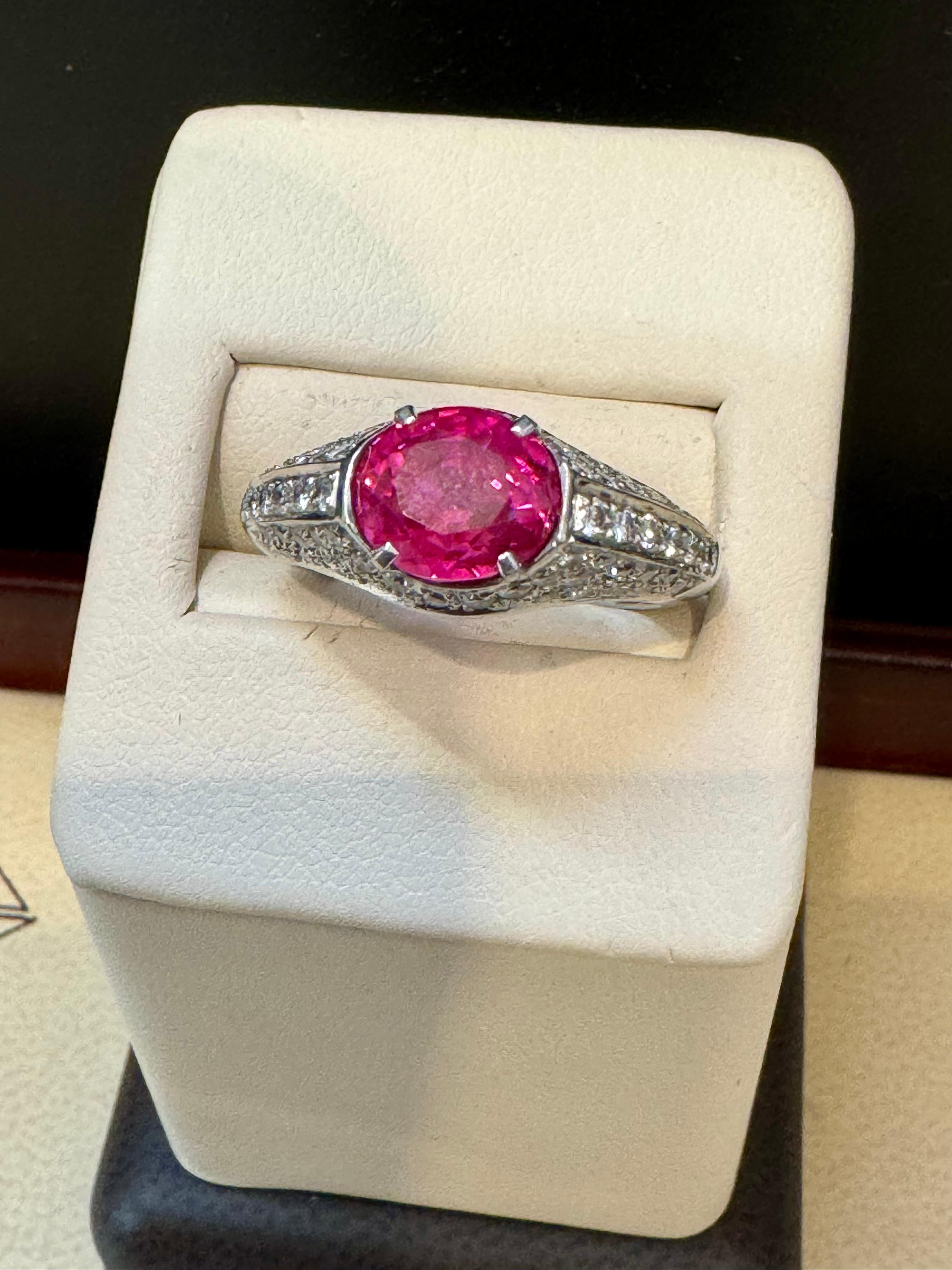 GIA Certified 2 Ct Natural Pink Sapphire & 2 Ct Pave Diamond Ring in Platinum For Sale 2