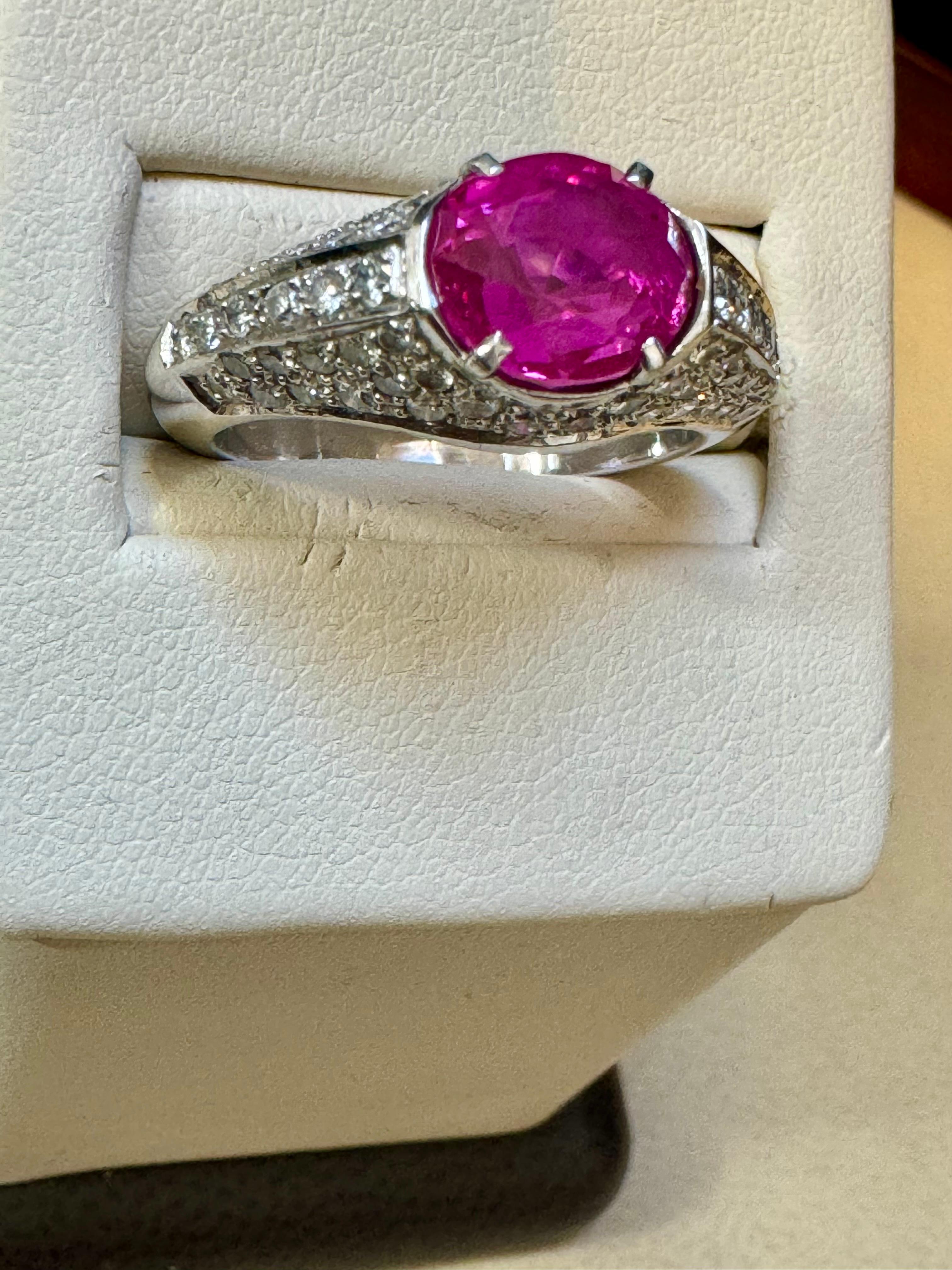 GIA Certified 2 Ct Natural Pink Sapphire & 2 Ct Pave Diamond Ring in Platinum For Sale 4
