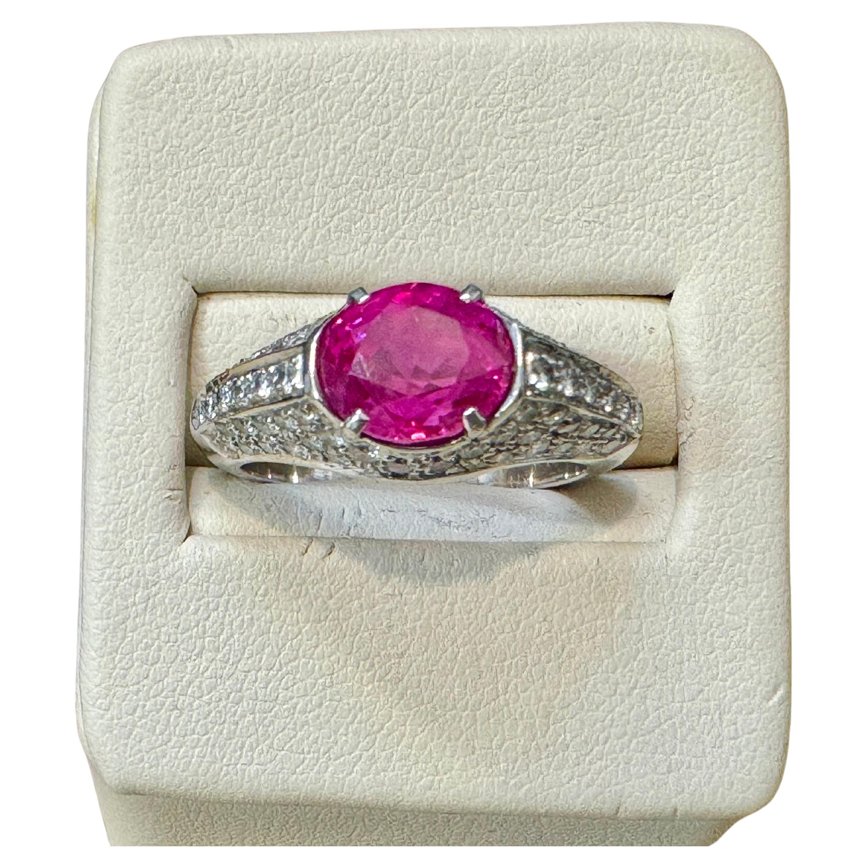 GIA Certified 2 Ct Natural Pink Sapphire & 2 Ct Pave Diamond Ring in Platinum For Sale