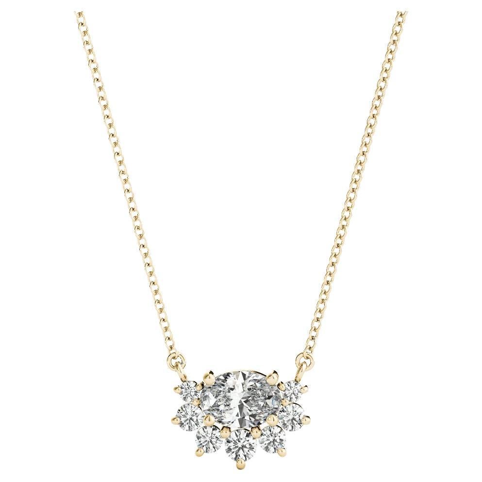GIA Certified 2 ct Oval Diamond Flower Cluster Pendant Necklace in Yellow Gold For Sale