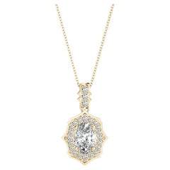 GIA Certified 2 ct Oval Diamond Scalloped Halo Pendant Necklace in Yellow Gold