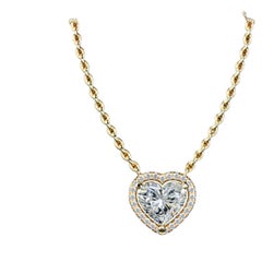 GIA Certified 2 Cts E VS1 Heart Diamond Bezel Set Halo Necklace 18K Yellow Gold