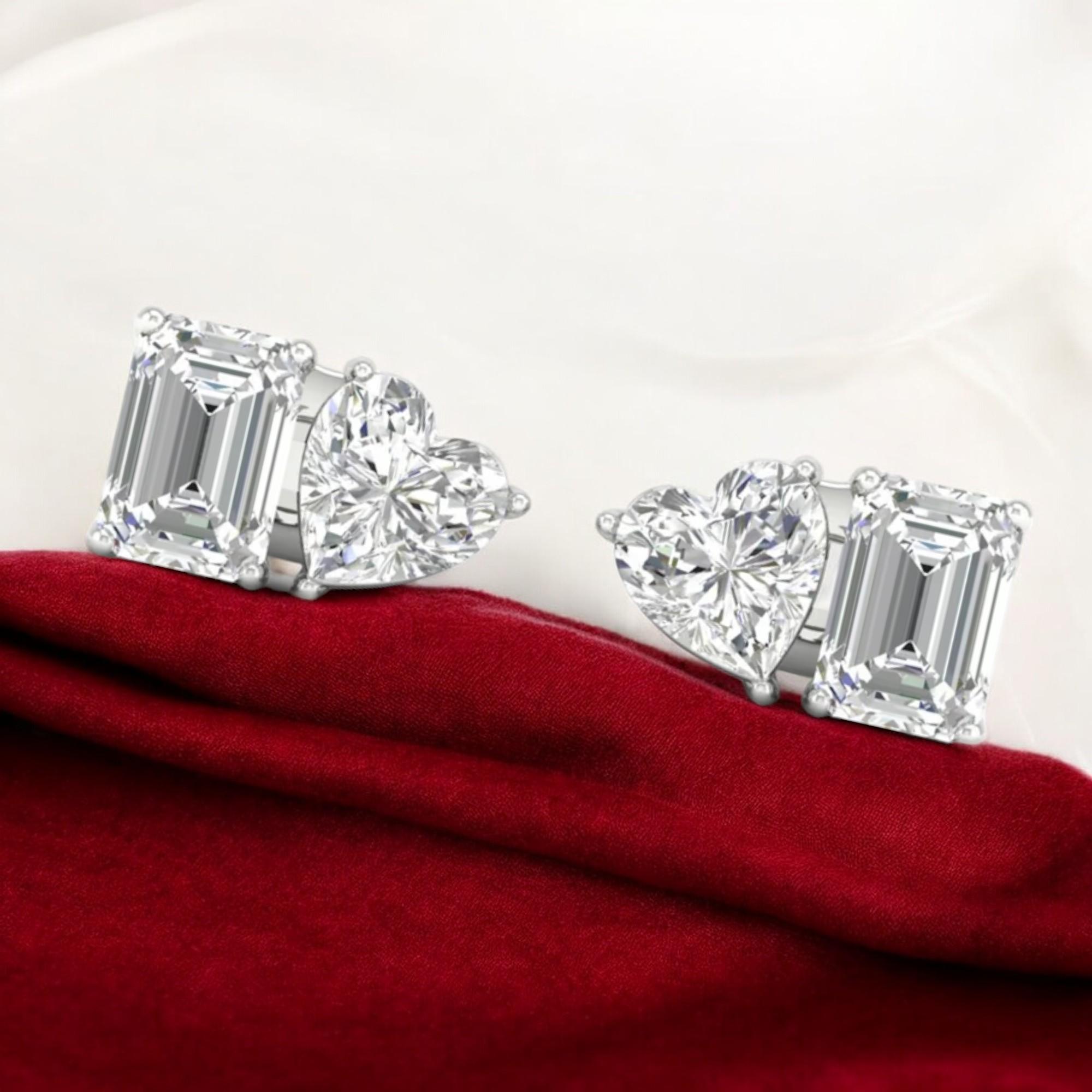 Emerald Cut GIA Certified 2 Cts Emerald Heart Cut F/VS Diamonds Toi Et Moi Earrings 18K Gold For Sale