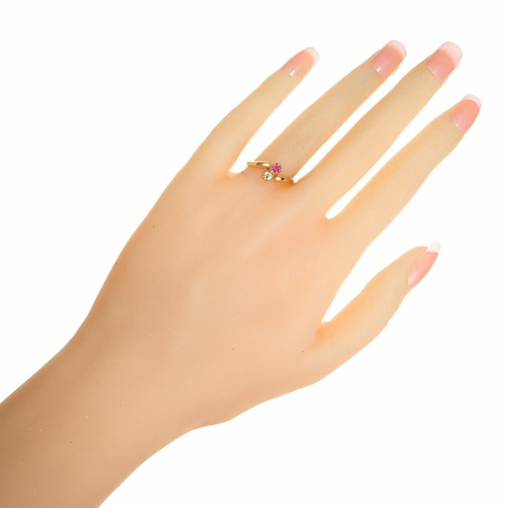 GIA Certified .20 Carat Burma Myanmar Ruby Diamond Victorian Yellow Gold Ring For Sale 1