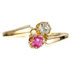GIA Certified .20 Carat Burma Myanmar Ruby Diamond Victorian Yellow Gold Ring