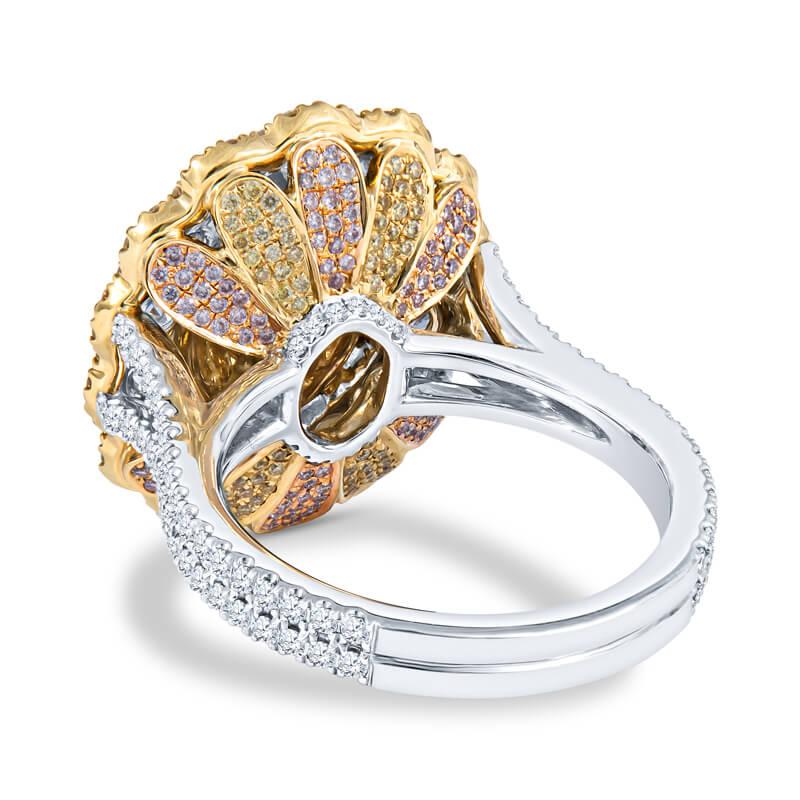 Beautiful cocktail ring featuring a GIA certified 2.0 carat oval cut fancy yellow diamond (SI clarity) set in a halo of yellow diamonds all surrounded by round cut brilliant white diamonds.  A third row around the outside perimeter of the ring