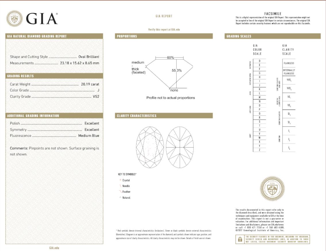Taglio ovale Anello in platino con diamante ovale certificato GIA da 20 carati in vendita