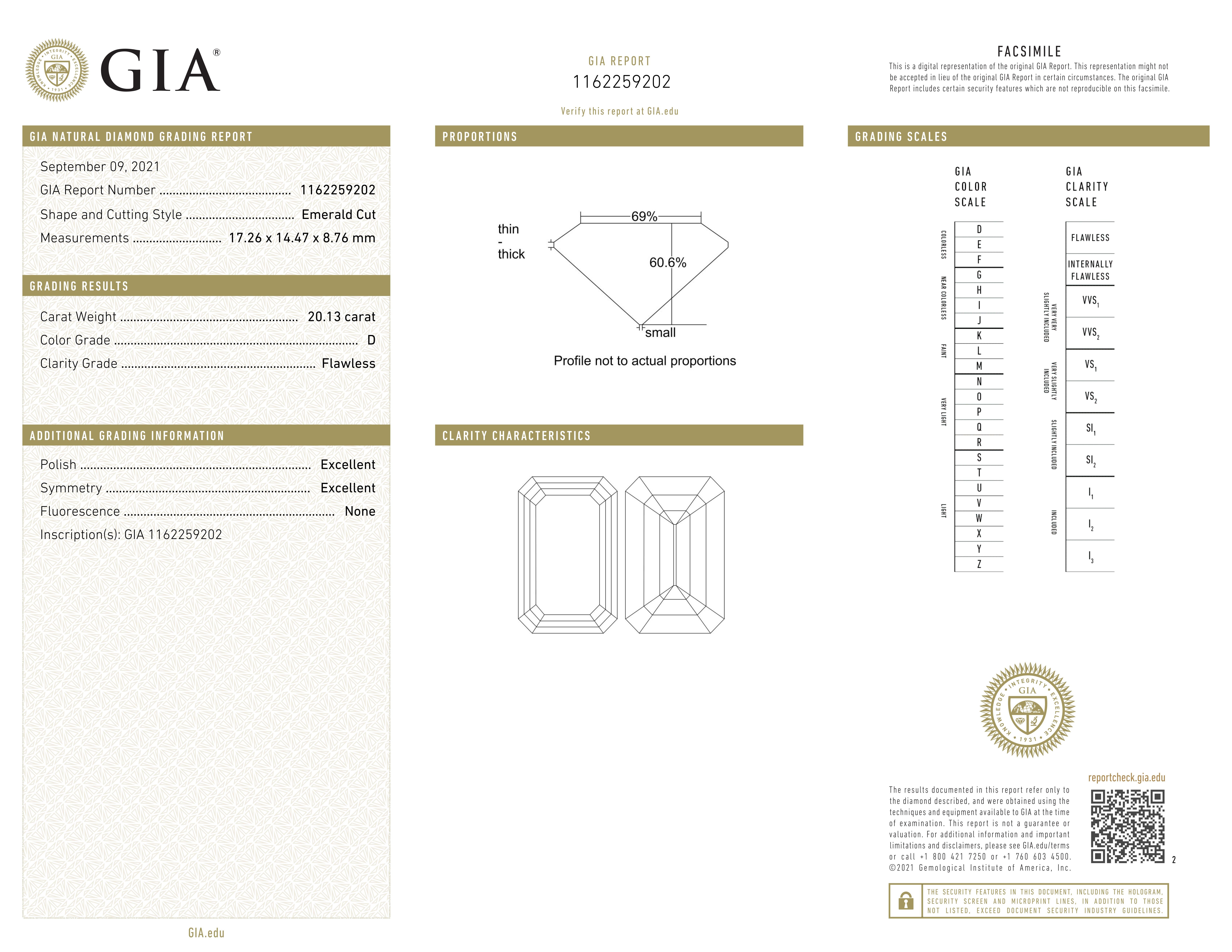 Women's or Men's GIA Certified 20 Carat Type 2A FLAWLESS Clarity D Color Diamond Ring For Sale