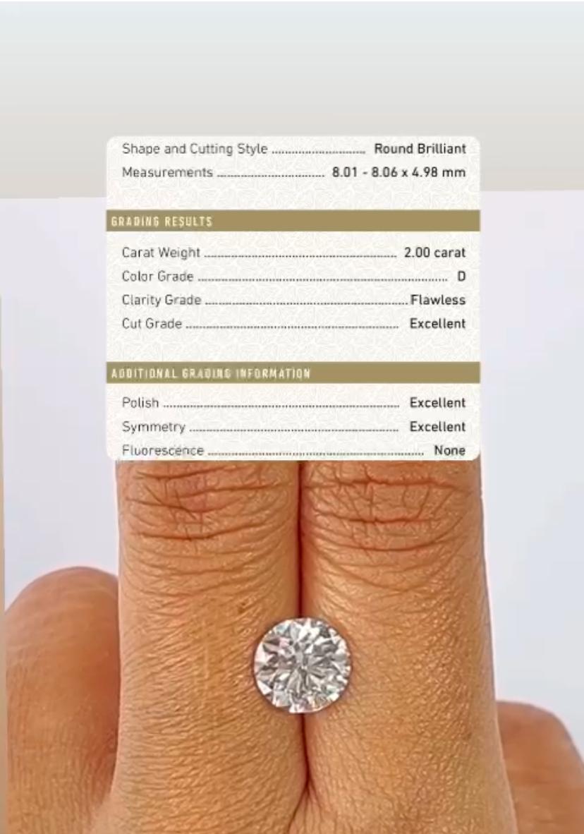 da uomo o donna GIA Certified 2,00 Carat D/Flawless Round Brillant Shape Diamond Anello in oro 18K in vendita