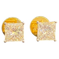 GIA Certified 2.00 Carat D VVS1 Princess Cut Diamonds Stud Earrings in 18K Gold