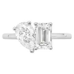 GIA Certified 2.00 Carat Emerald & Pear Toi Et Moi Diamond Ring 18K White Gold