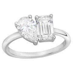 GIA Certified 2.00 Carat Emerald & Pear Toi Et Moi Diamonds Ring 18K White Gold