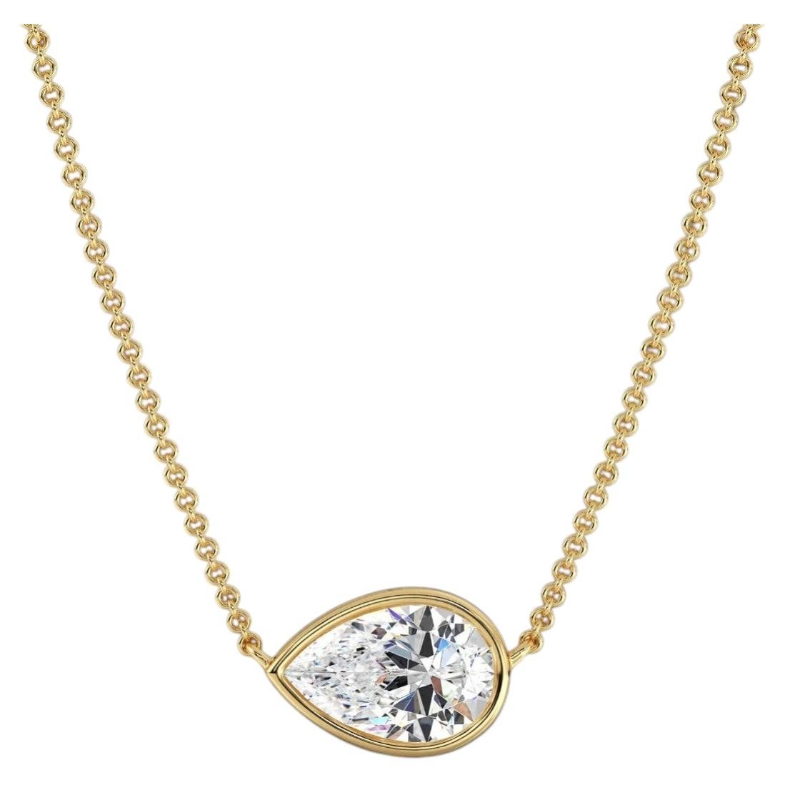 GIA Certificado 2.00 Quilates F/VS1 Diamante Pera Este-Oeste Bisel Collar Oro 18K