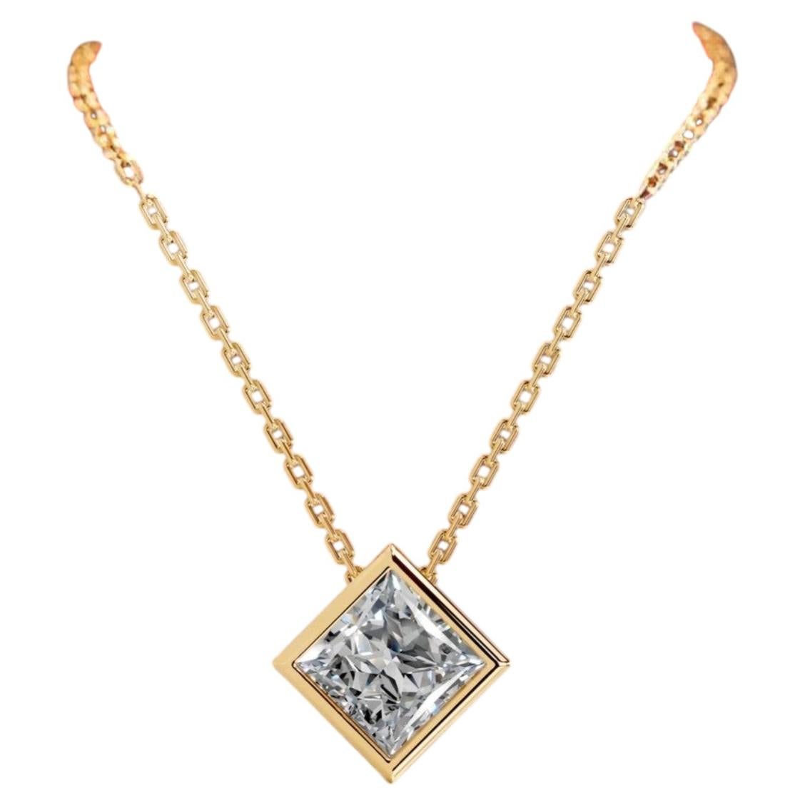 GIA Certified 2.00 Carat F/VS1 Princess Diamond Bezel Necklace 18K Yellow Gold