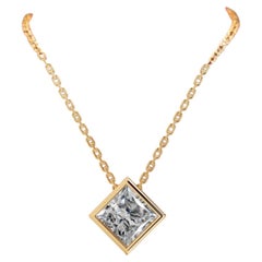 GIA Certified 2.00 Carat F/VS1 Princess Diamond Bezel Necklace 18K Yellow Gold