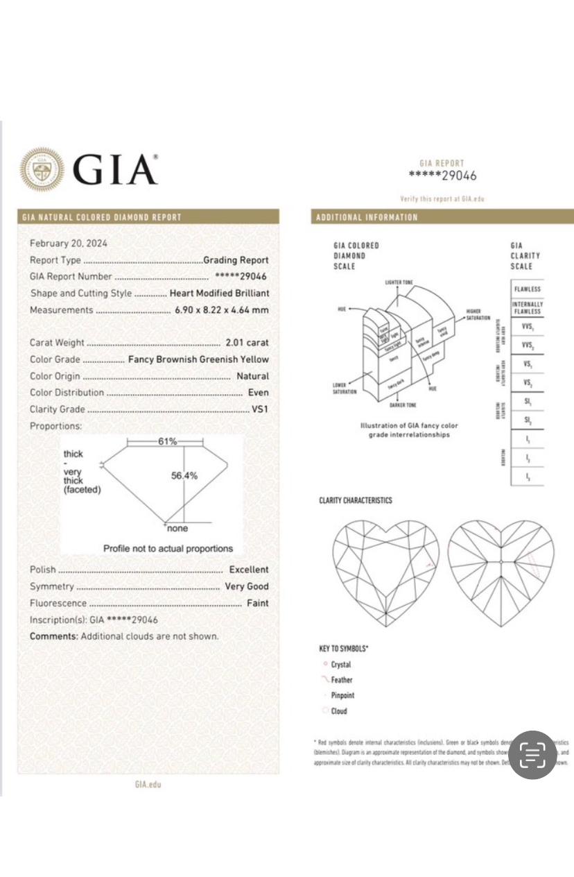 GIA Certified 2.00 Carat Fancy Brownish Greenish Yellow Diamond 18K Gold Ring For Sale 3