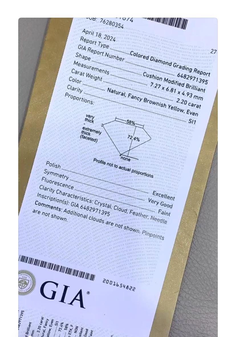 Diamante amarillo pardusco de fantasía de 2,00 quilates certificado por GIA Oro de 18 quilates en venta 1