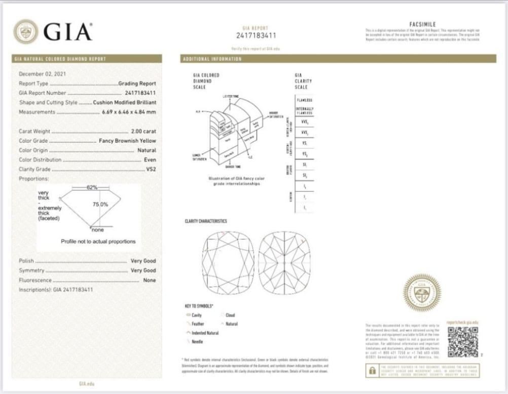 Cushion Cut GIA Certified 2.00 Carat Fancy Brownish Yellow Diamond Ring VS2 Clarity For Sale