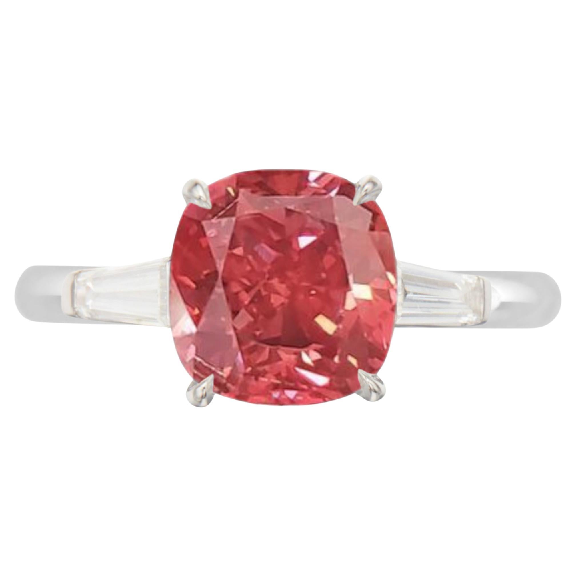 GIA Certified 2.00 Carat Fancy Vivid Pink Cushion Cut Diamond Gold Ring