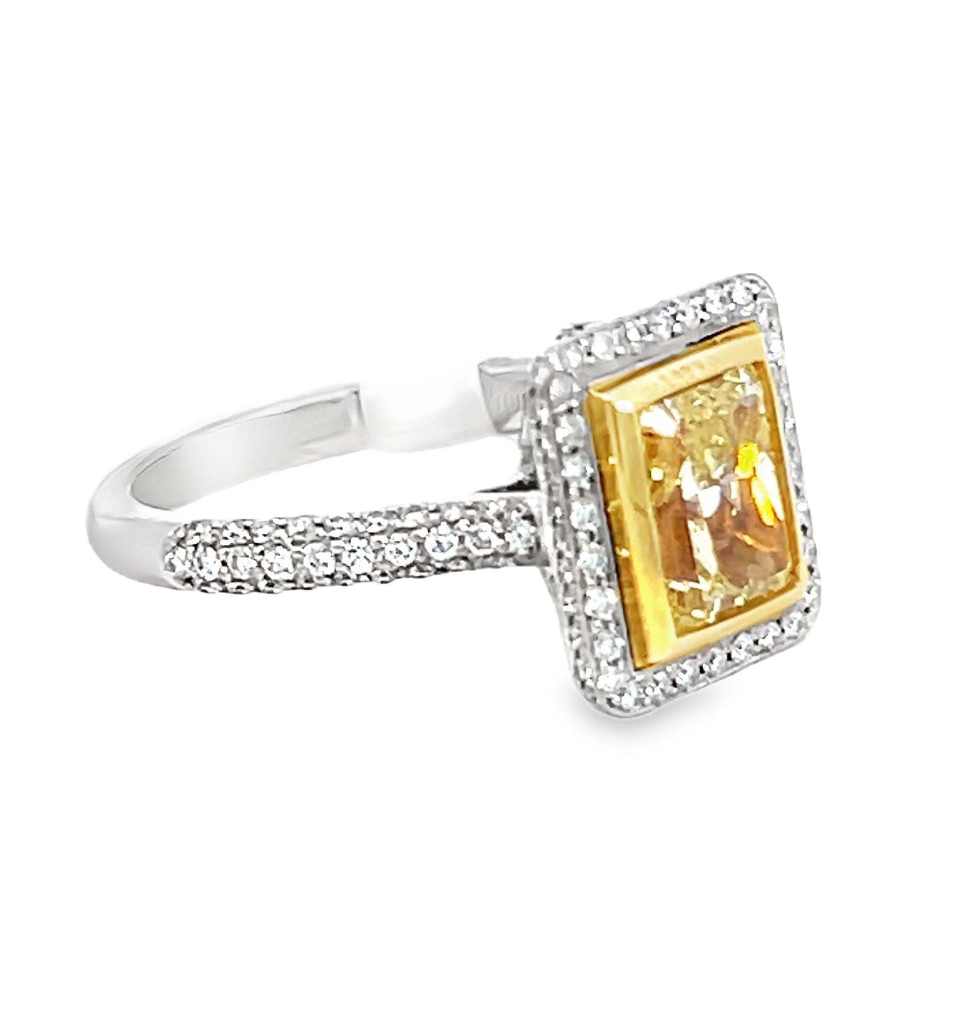 Radiant Cut GIA Certified 2.00 Carat Fancy Yellow Diamond Engagement Ring For Sale