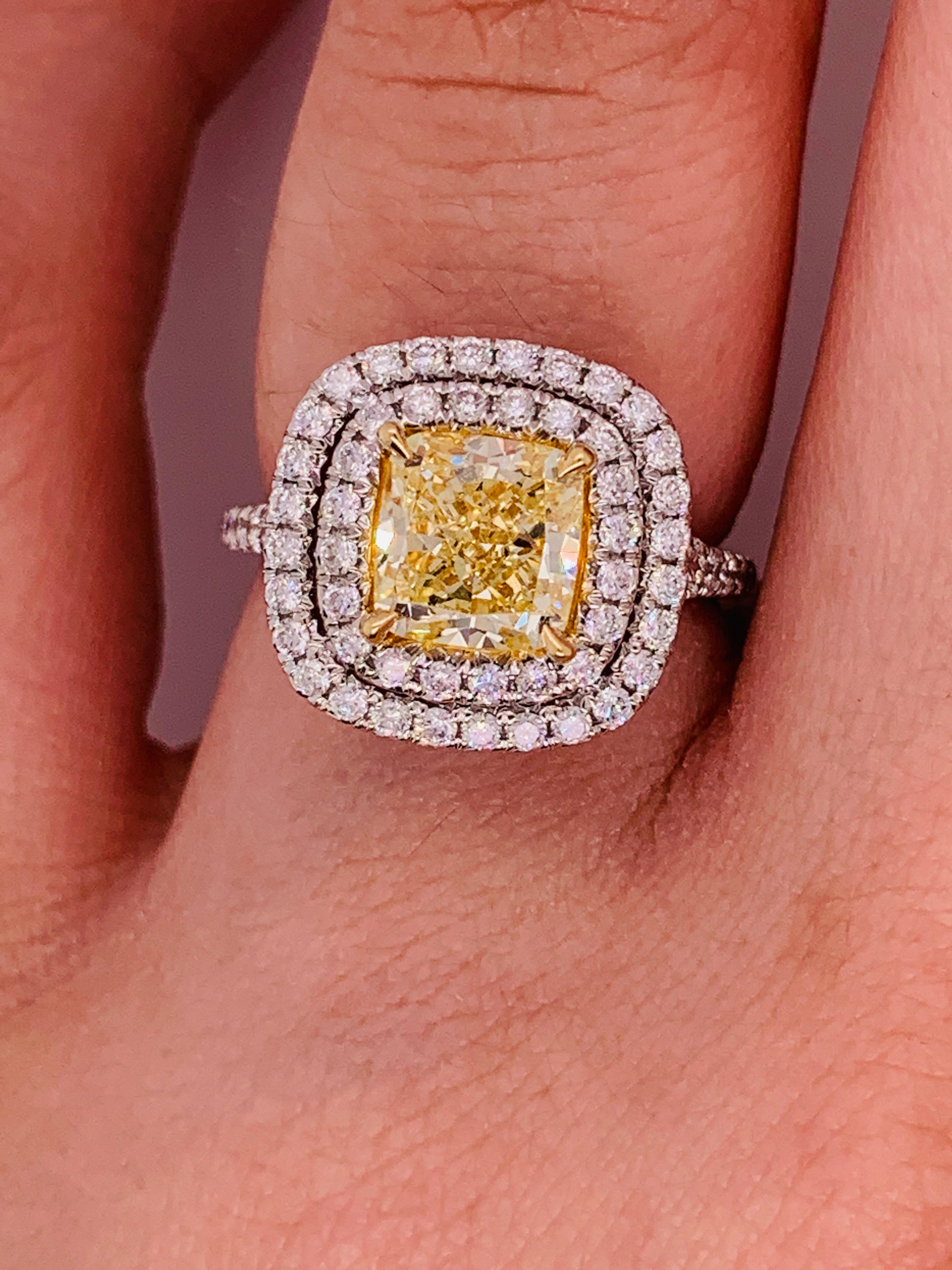 Cushion Cut GIA Certified 2.00 Carat Fancy Yellow Diamond Ring For Sale