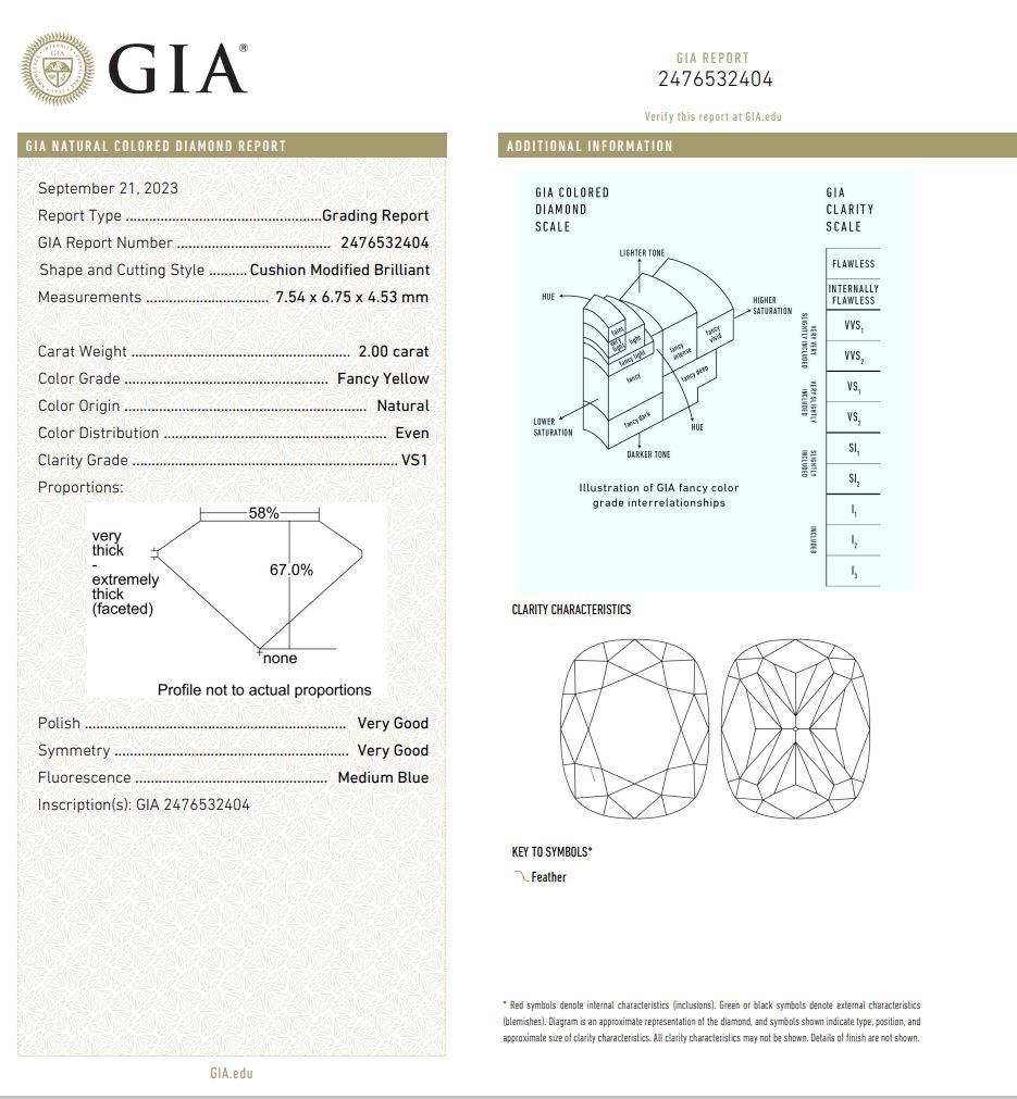 GIA Certified 2.00 Carat Fancy Yellow VS1 Clarity Diamond For Sale 1