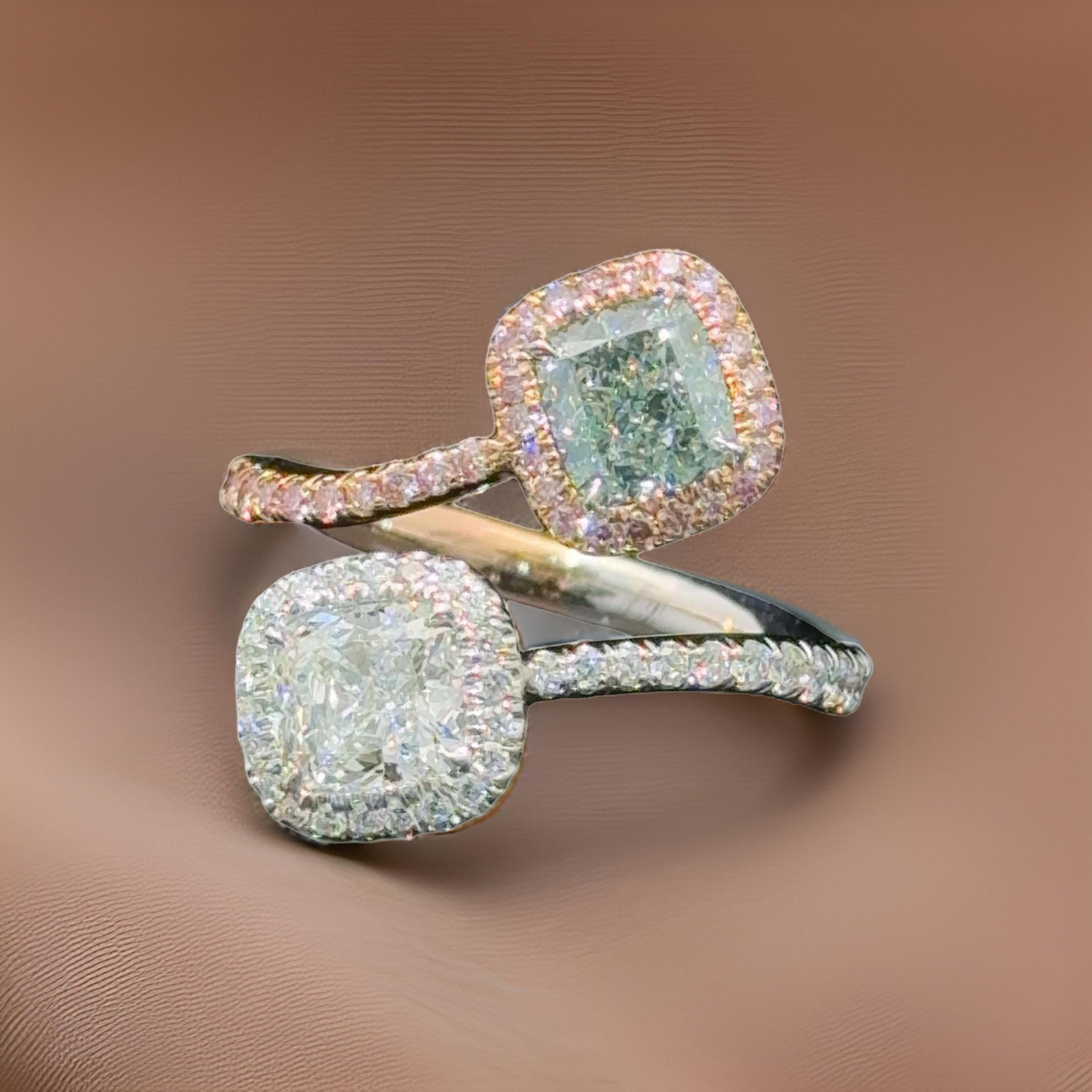 Natural Green Fancy Color Diamonds are a rarity from nature! Green diamonds most commonly come with secondary colors. 
Our natural Green Cushion Cut is Graded as STRAIGHT Fancy Light Green from the Gemological Institute of America (GIA), meaning it