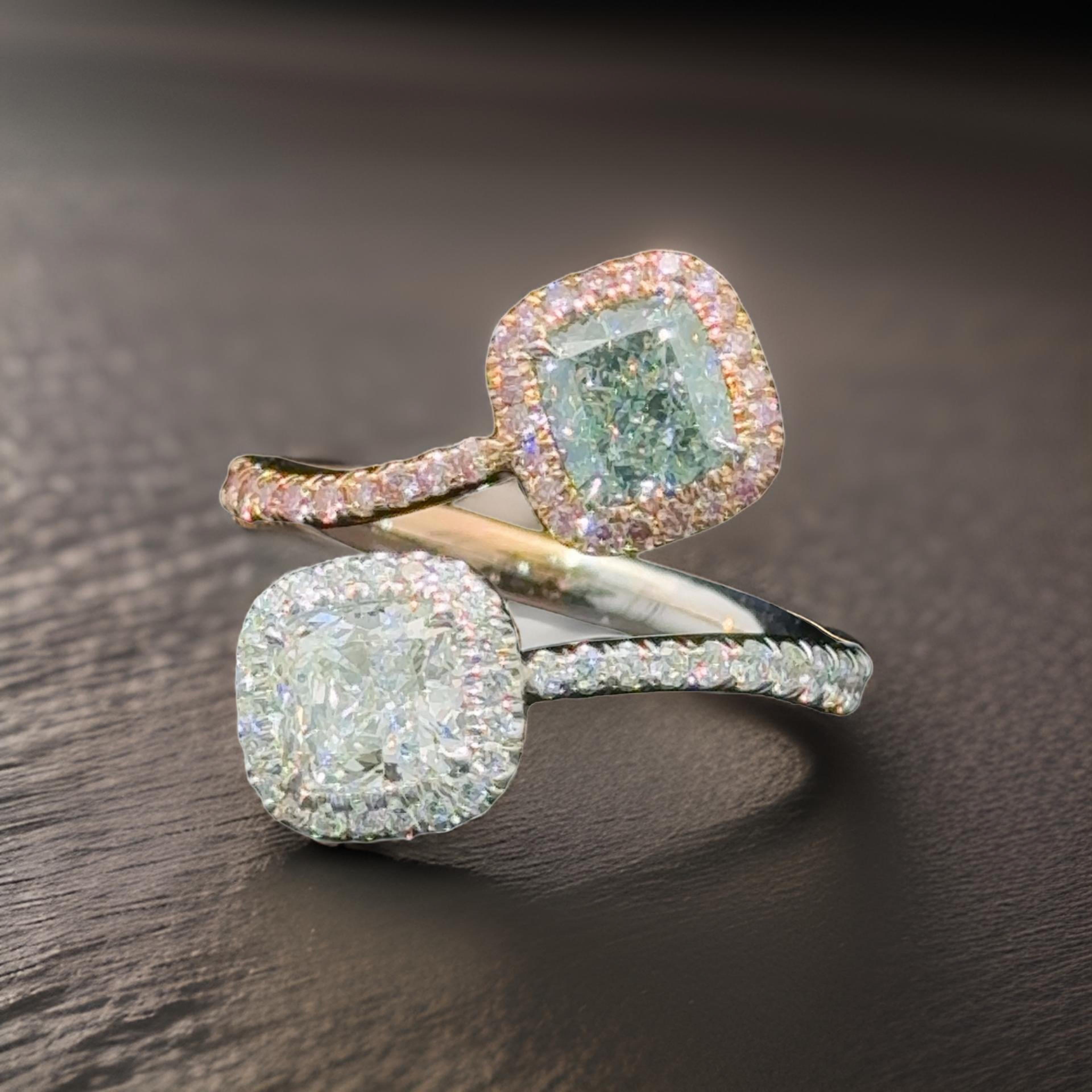 Cushion Cut GIA Certified 2.00 Carat Green Diamond Bypass Fashion Ring For Sale