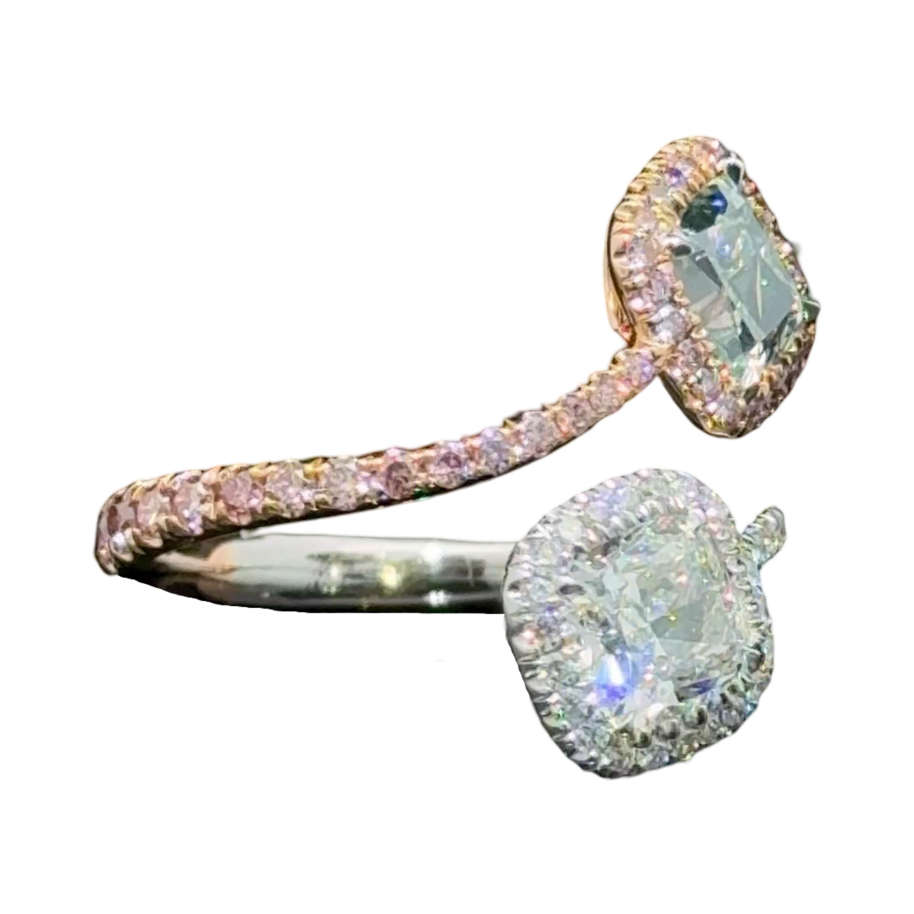 Women's GIA Certified 2.00 Carat Green Diamond Bypass Fashion Ring For Sale