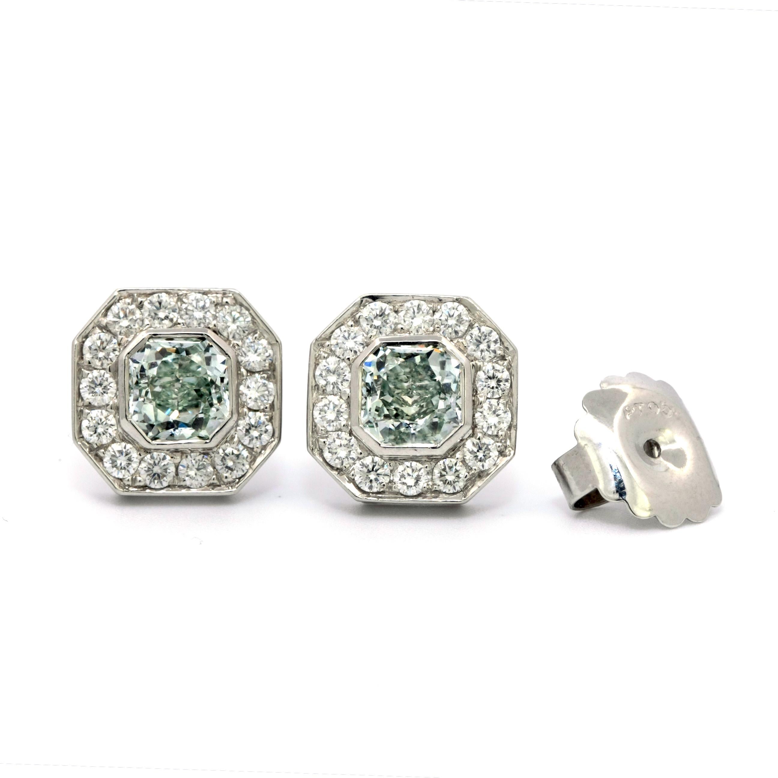 Women's or Men's GIA Certified 2.00 Carat Natural Green Diamond Earrings For Sale
