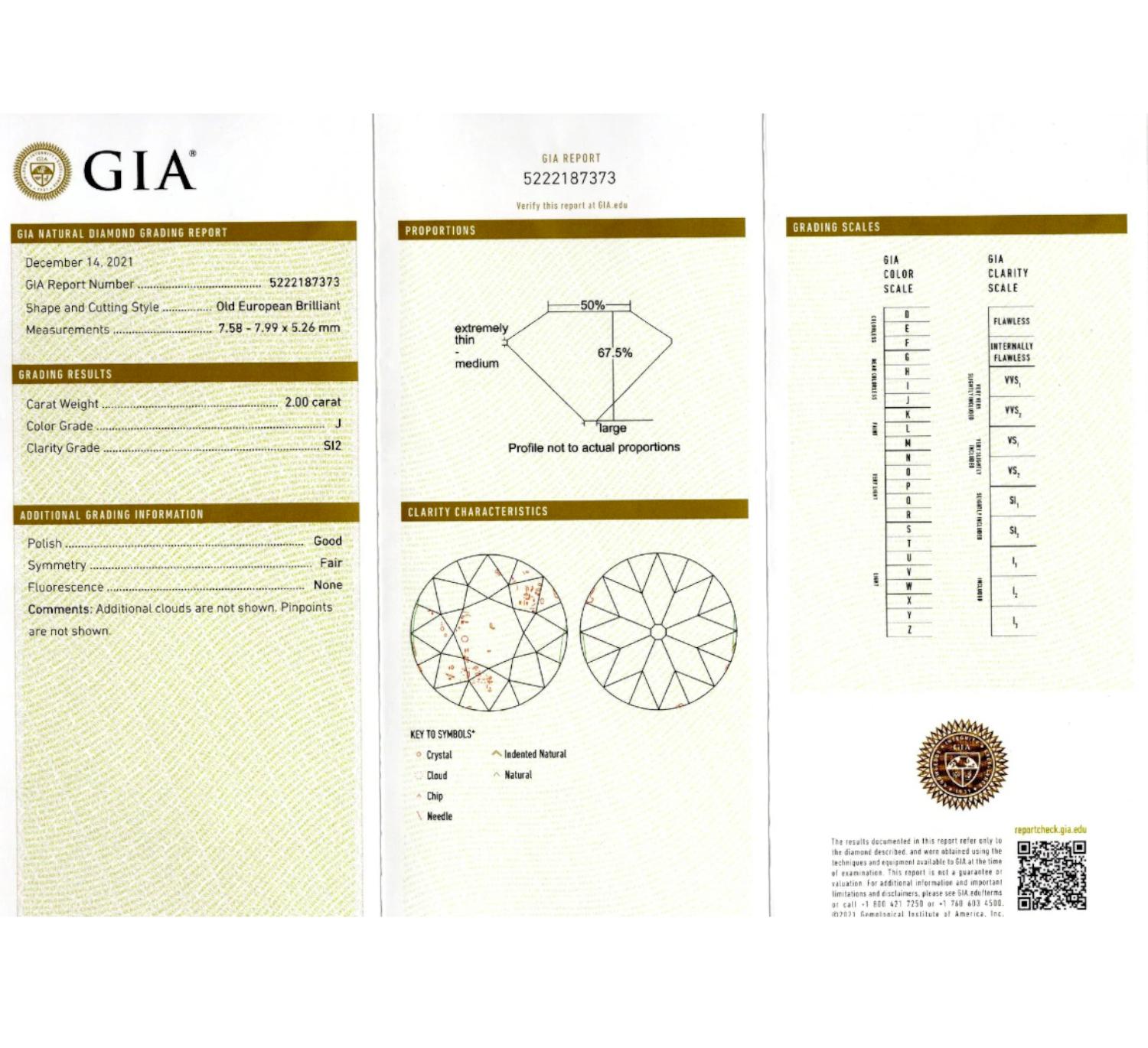Women's GIA Certified 2.00 Carat Old European Cut Diamond Engagement Ring For Sale